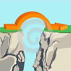 Orange arch-shaped arrow spanning across rocky abyss illustration