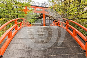 Orange arched bridge and Torii of shimogamo-jinja photo