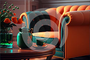 Orange armchair with green coffee table living room interior design