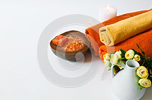 Orange aromatherapy - bath salt, soap, towels and candles