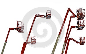 Orange articulated boom lift. Aerial platform lift. Telescopic boom lift isolated on white background. Mobile construction crane