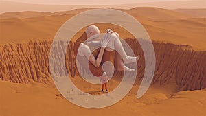 Orange Astronaut and a Giant Futuristic Sci Fi Ballerina Space woman Floating in the Fatal Foetal Position Desert Crater Sand Dune