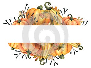 Orange autumn pumpkins with maple leaves and twigs. Watercolor illustration, hand drawn. Frame, template, board on a