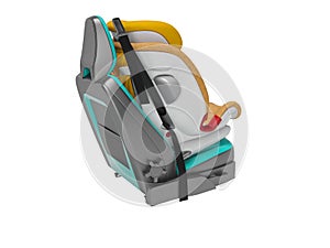 Orange baby car seat with five point safety straps with isofix 3d render on white background no shadow photo