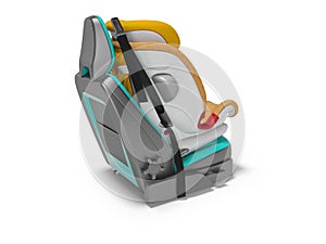 Orange baby car seat with five point safety straps with isofix 3d render on white background with shadow photo