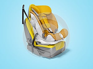 Orange baby car seat with isofix on yellow car seat 3d render on blue background with shadow photo
