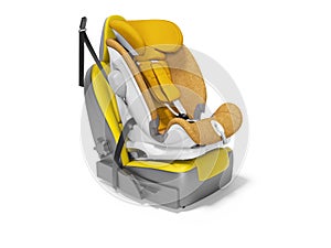 Orange baby car seat with isofix on yellow car seat 3d render on white background with shadow photo