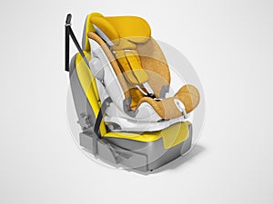 Orange baby car seat with isofix on yellow car seat 3d render on gray background with shadow photo