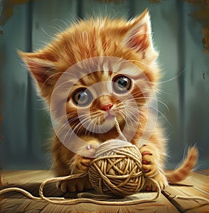 An orange baby kitten captivates with a playful ball of yarn, a heartwarming feline moment, Ai Generated
