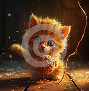 An orange baby kitten captivates with a playful ball of yarn, a heartwarming feline moment, Ai Generated