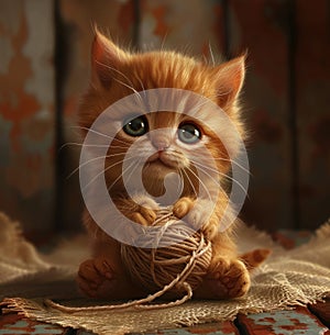 An orange baby kitten captivates with a playful ball of yarn, a heartwarming feline moment, Ai Generated