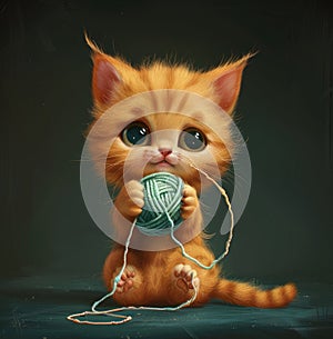 An orange baby kitten captivates with a playful ball of yarn, a heartwarming feline moment, Ai Generated