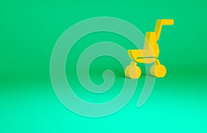 Orange Baby stroller icon isolated on green background. Baby carriage, buggy, pram, stroller, wheel. Minimalism concept