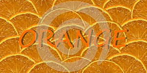 An orange background is made of orange`s lobules with inscription