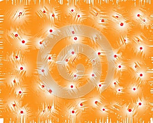 Orange background with ripped pattern, red little circles, cherries. Texture.