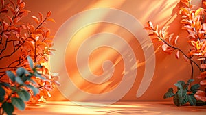 An orange background with a subtle gradient and two orange leaf branches on either side of the foreground