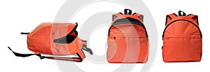 Orange backpack isolated on white, collage. Different sides