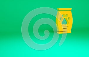 Orange Bag of food for dog icon isolated on green background. Dog or cat paw print. Food for animals. Pet food package