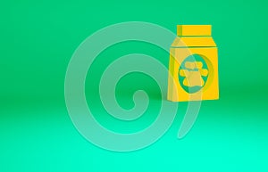 Orange Bag of food for dog icon isolated on green background. Dog or cat paw print. Food for animals. Pet food package