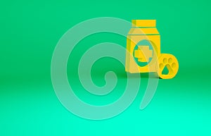 Orange Bag of food for dog icon isolated on green background. Dog or cat paw print. Food for animals. Pet food package