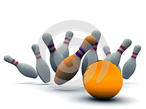 Orange ball and bowling pins