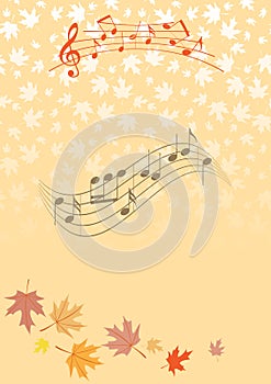 Orange banner with autumn leaves and music notes - vector musical background