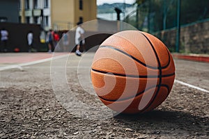 Orange basketball on urban outdoor court, close up street game