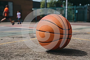 Orange basketball on urban outdoor court, close up street game