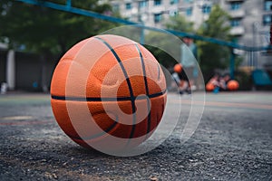 Orange basketball on urban outdoor court, close up street game