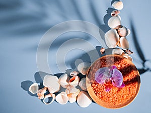 Orange bath salt in a saucer with shells and flower on a blue background with a shadow from a tropical plant. Copyspace