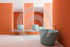 Orange bathroom with blue sink and tub