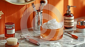 orange bathroom vanity counter with shaving brush, toothbrushes and soap