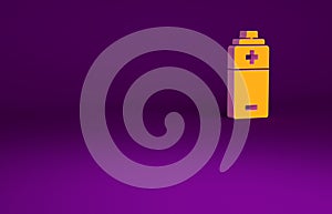 Orange Battery icon isolated on purple background. Lightning bolt symbol. Minimalism concept. 3d illustration 3D render