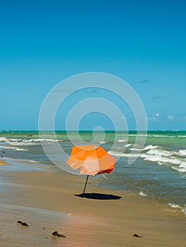 Orange beach umbrella near the shorebreak