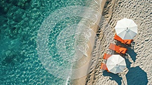 Orange beach umbrella on sandy coast near sea, top view