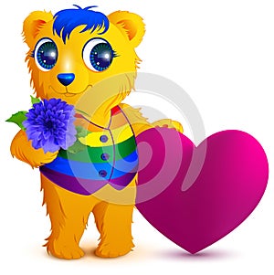 Orange bear in an rainbow vest holds flower and red heart. Valentines Day for LGBT community