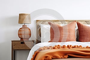 orange bed design fall interior home pillow apartment modern lamp decor. Generative AI.