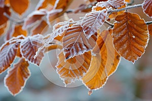 Orange beech leaves covered with frost in late fall or early winter