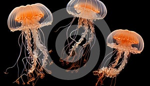 Orange bell jellyfish swimming in clear blue ocean water with sunlight shining through