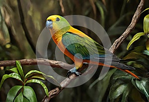 Orange bellied parrot on a branch in the jungle. The beauty of wild nature