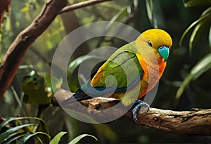 Orange bellied parrot on a branch in the jungle. The beauty of wild nature