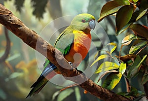 Orange bellied parrot on a branch in the jungle. The beauty of wild nature