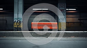 an orange bench sitting in a parking lot