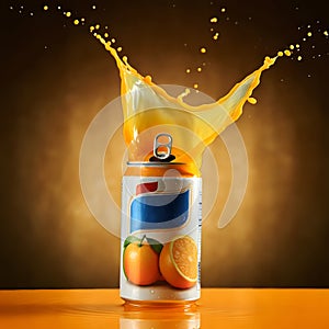 Orange beverage can with orange label and dynamic liquid splash