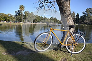 Orange bicycle next to a lake in Buenos Aires, Argentina