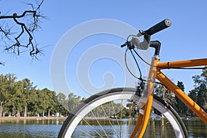 Orange bicycle next to a lake in Buenos Aires, Argentina