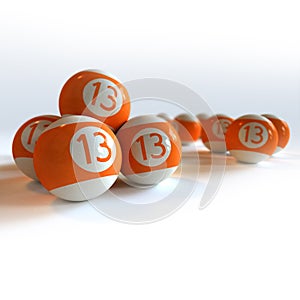 Orange billiard balls with number 13