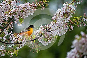 An orange bird sitting on a cherry blossom tree