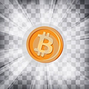 Orange bitcoin cryptocurrency in bright rays on chequered ba