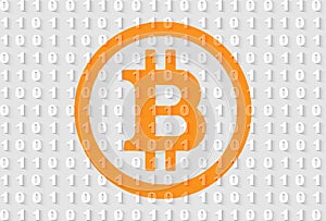 Orange bitcoin sign on gray binary code background